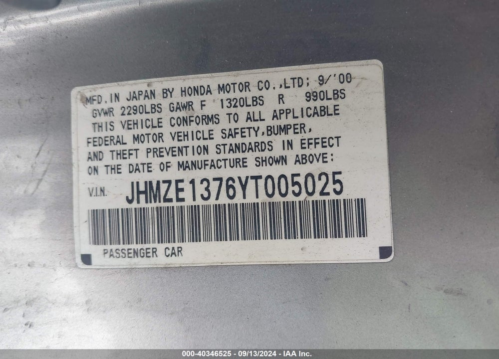 2000 HONDA INSIGHT VIN: JHMZE1376YT005025