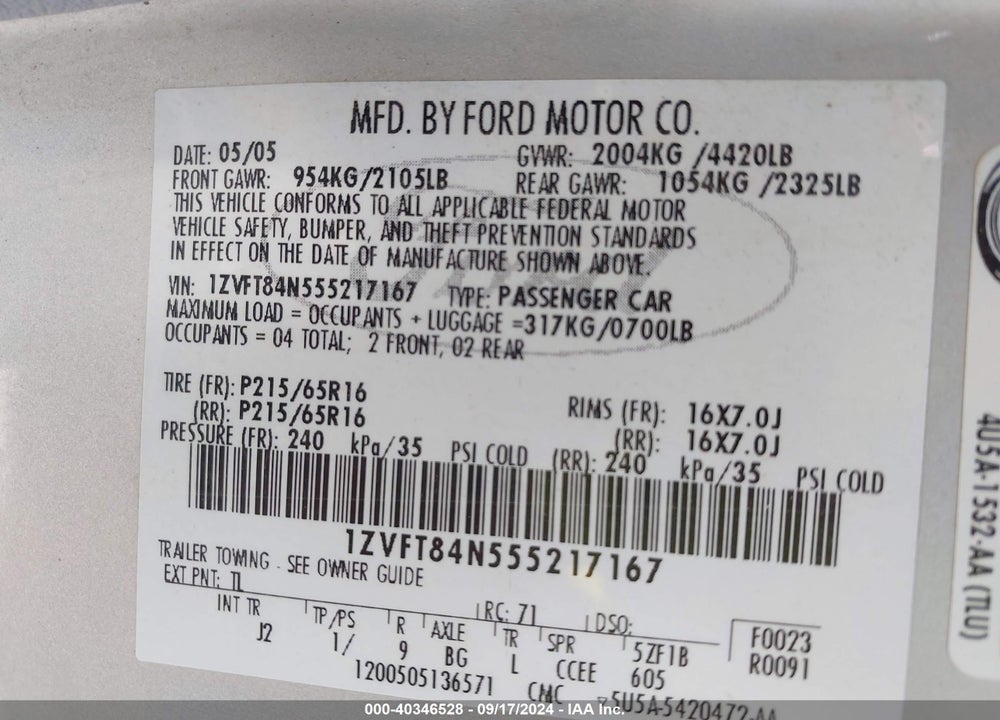 2005 FORD MUSTANG VIN: 1ZVFT84N555217167