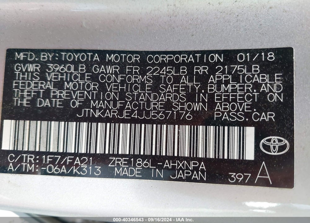 2018 TOYOTA COROLLA IM VIN: JTNKARJE4JJ567176