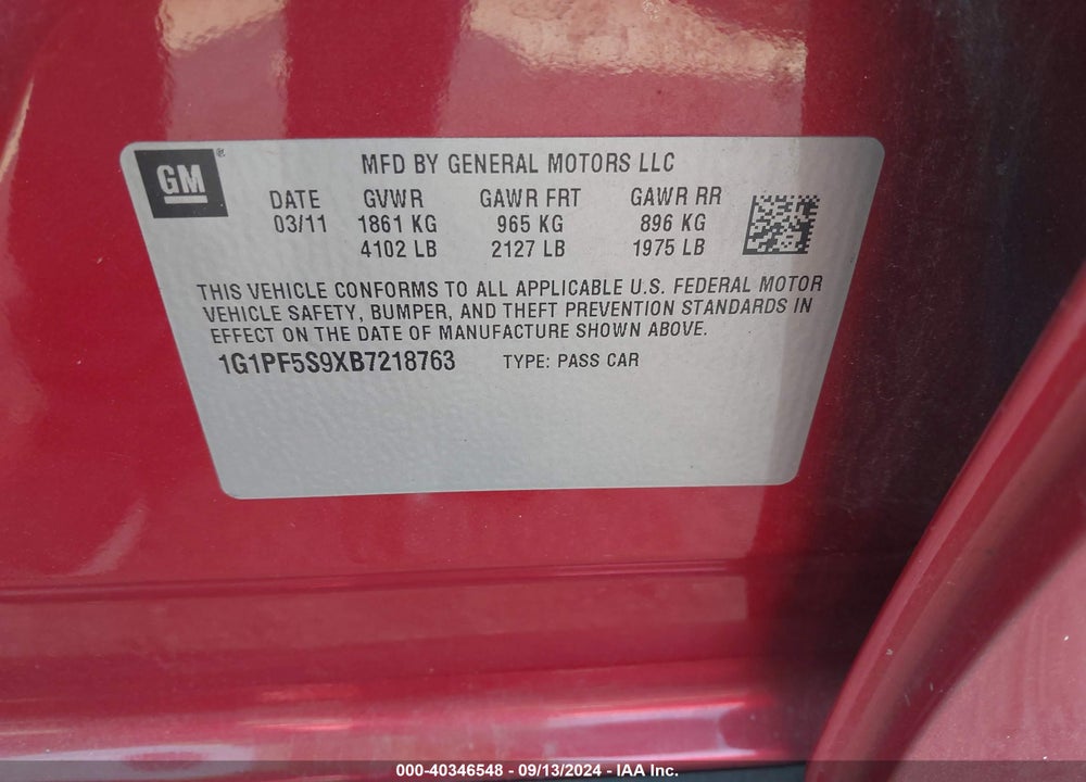 2011 CHEVROLET CRUZE 1LT VIN: 1G1PF5S9XB7218763