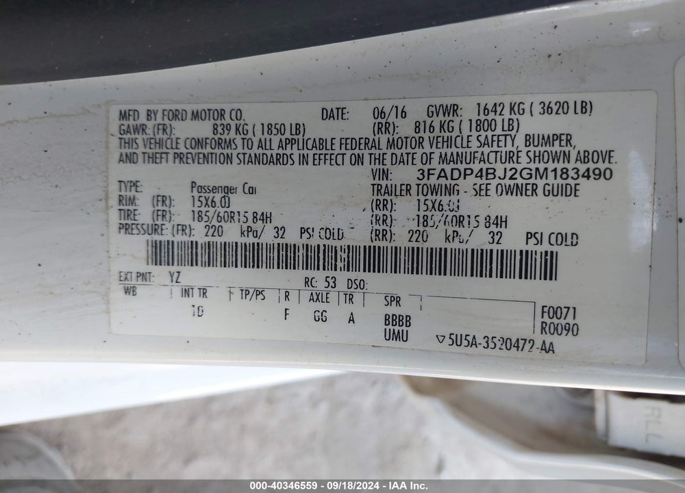 2016 FORD FIESTA SE VIN: 3FADP4BJ2GM183490