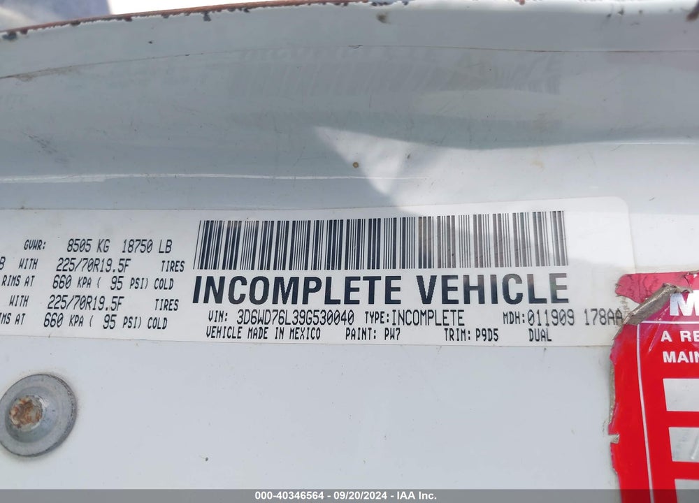 2009 DODGE RAM 5500 HD CHASSIS ST/SLT VIN: 3D6WD76L39G530040
