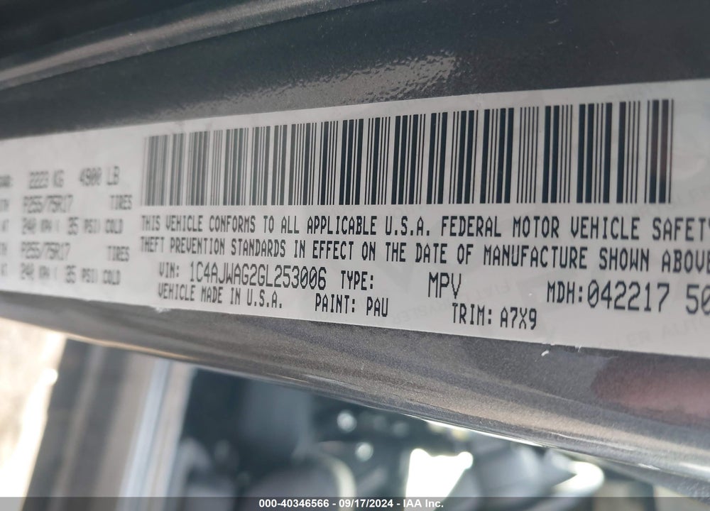 2016 JEEP WRANGLER SPORT VIN: 1C4AJWAG2GL253006