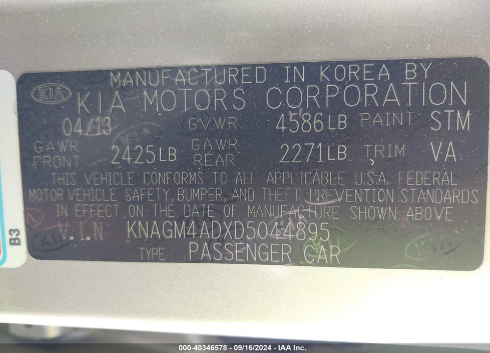 2013 KIA OPTIMA HYBRID LX VIN: KNAGM4ADXD5044895