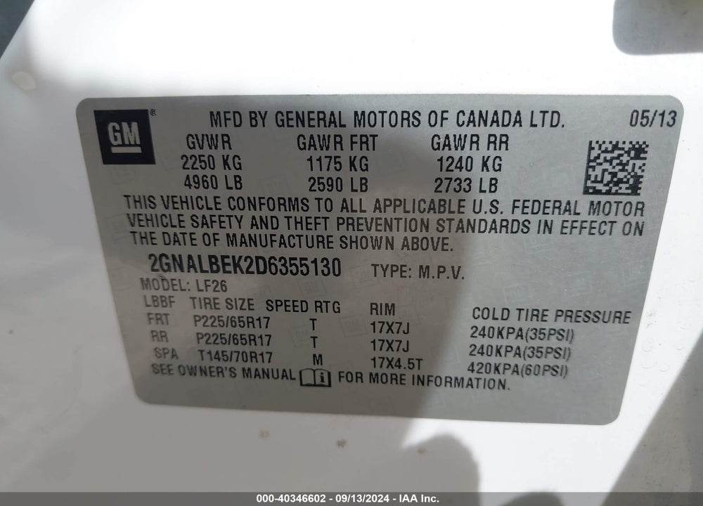 2013 CHEVROLET EQUINOX LS VIN: 2GNALBEK2D6355130