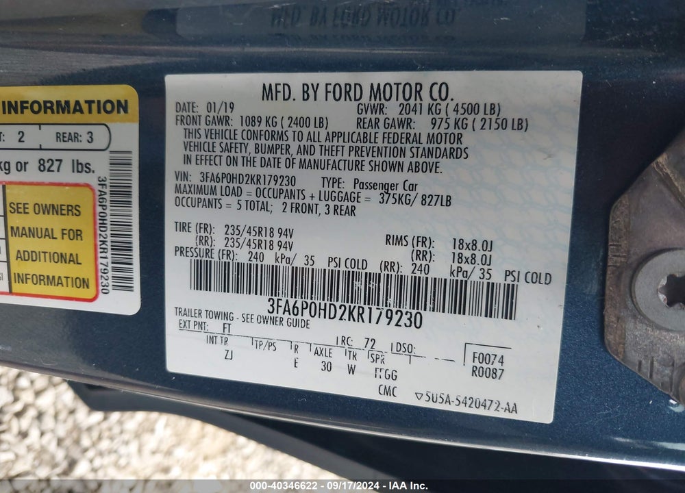 2019 FORD FUSION VIN: 3FA6P0HD2KR179230
