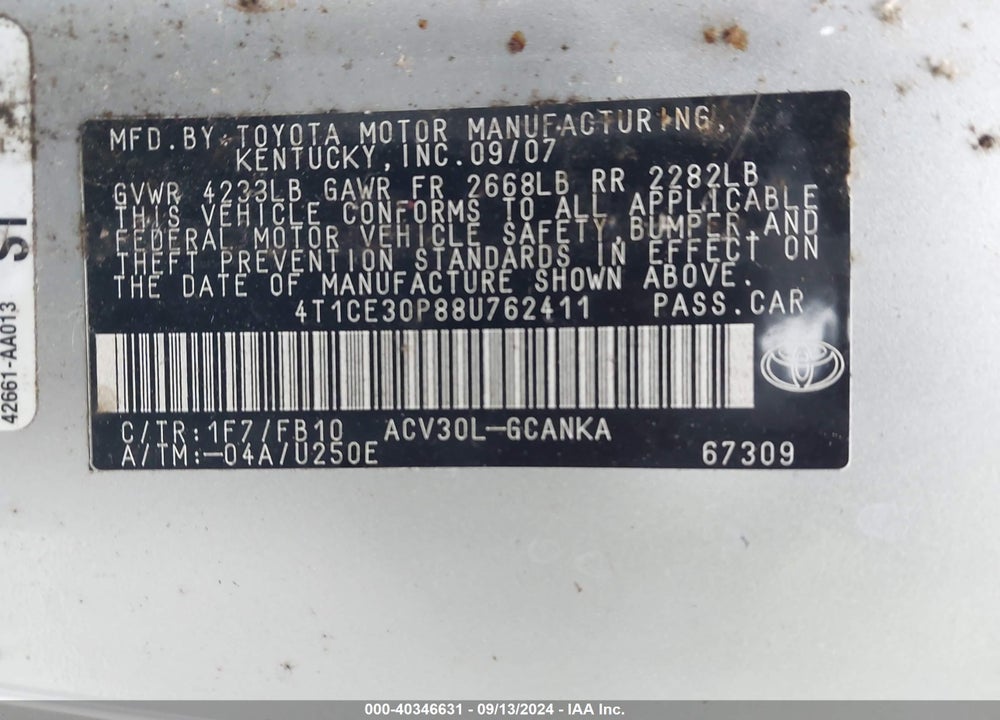 2008 TOYOTA CAMRY SOLARA SE VIN: 4T1CE30P88U762411