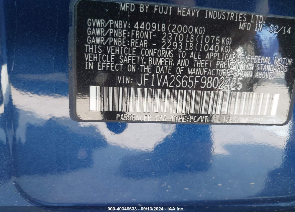 2015 SUBARU WRX STI LIMITED VIN: JF1VA2S65F9802425