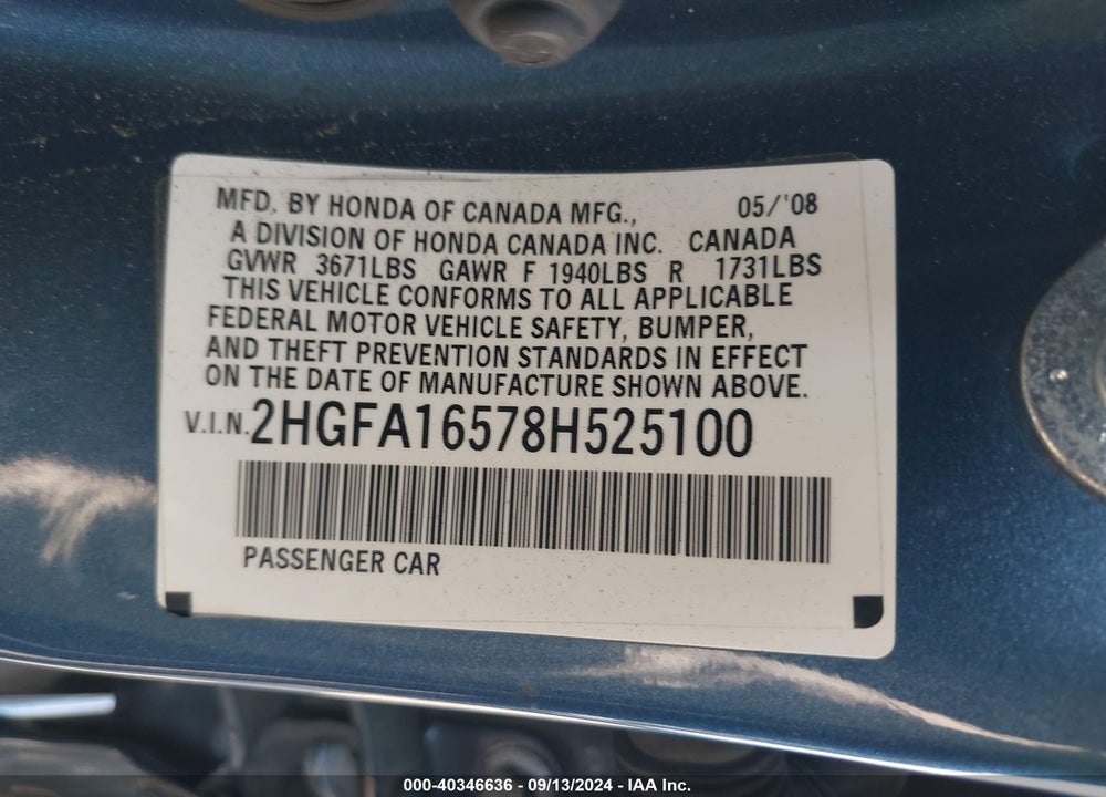 2008 HONDA CIVIC LX VIN: 2HGFA16578H525100