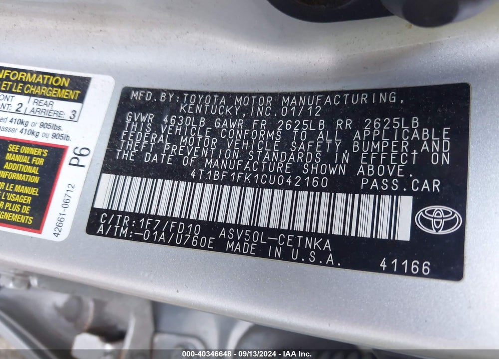 2012 TOYOTA CAMRY LE VIN: 4T1BF1FK1CU042160