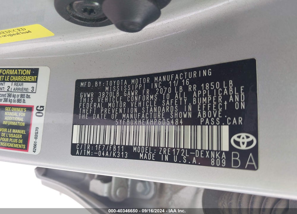 2017 TOYOTA COROLLA LE VIN: 5YFBURHEXHP605484