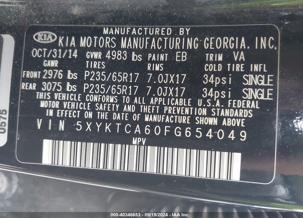 2015 KIA SORENTO LX VIN: 5XYKTCA60FG654049