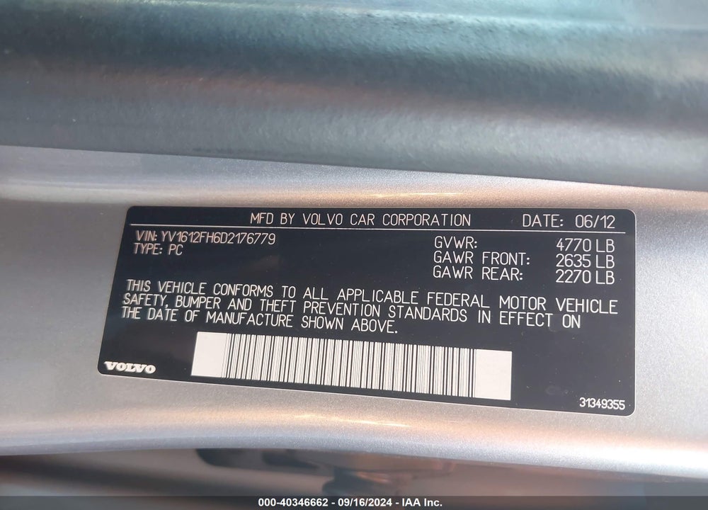 2013 VOLVO S60 T5 VIN: YV1612FH6D2176779