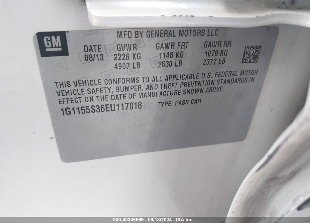 2014 CHEVROLET IMPALA 2LZ VIN: 1G1155S36EU117018