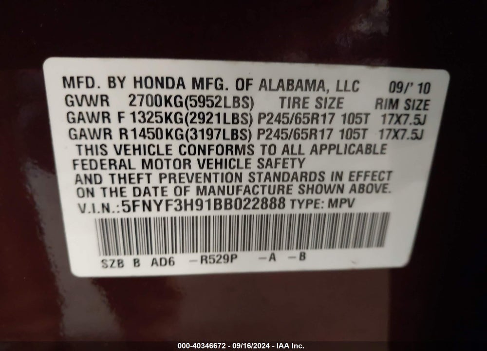 2011 HONDA PILOT TOURING VIN: 5FNYF3H91BB022888