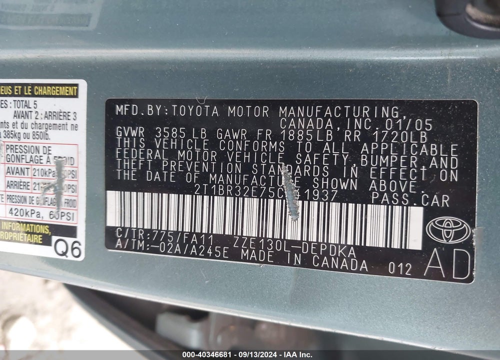 2005 TOYOTA COROLLA CE VIN: 2T1BR32E75C441937