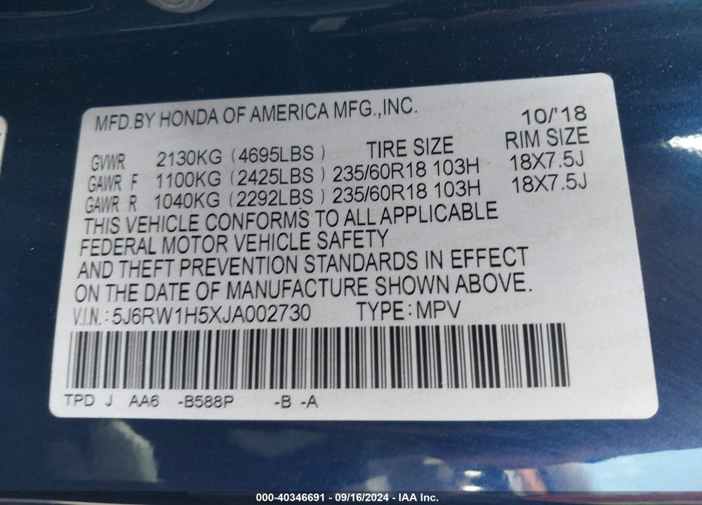 2018 HONDA CR-V EX VIN: 5J6RW1H5XJA002730