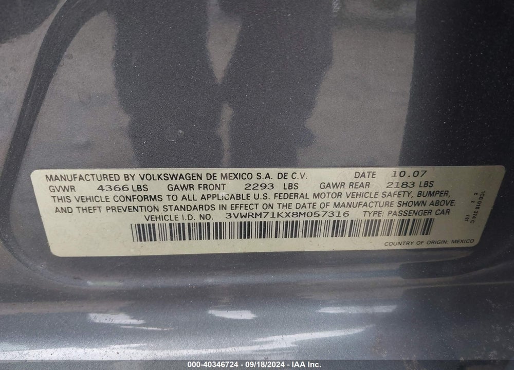 2008 VOLKSWAGEN JETTA SE/SEL VIN: 3VWRM71KX8M057316