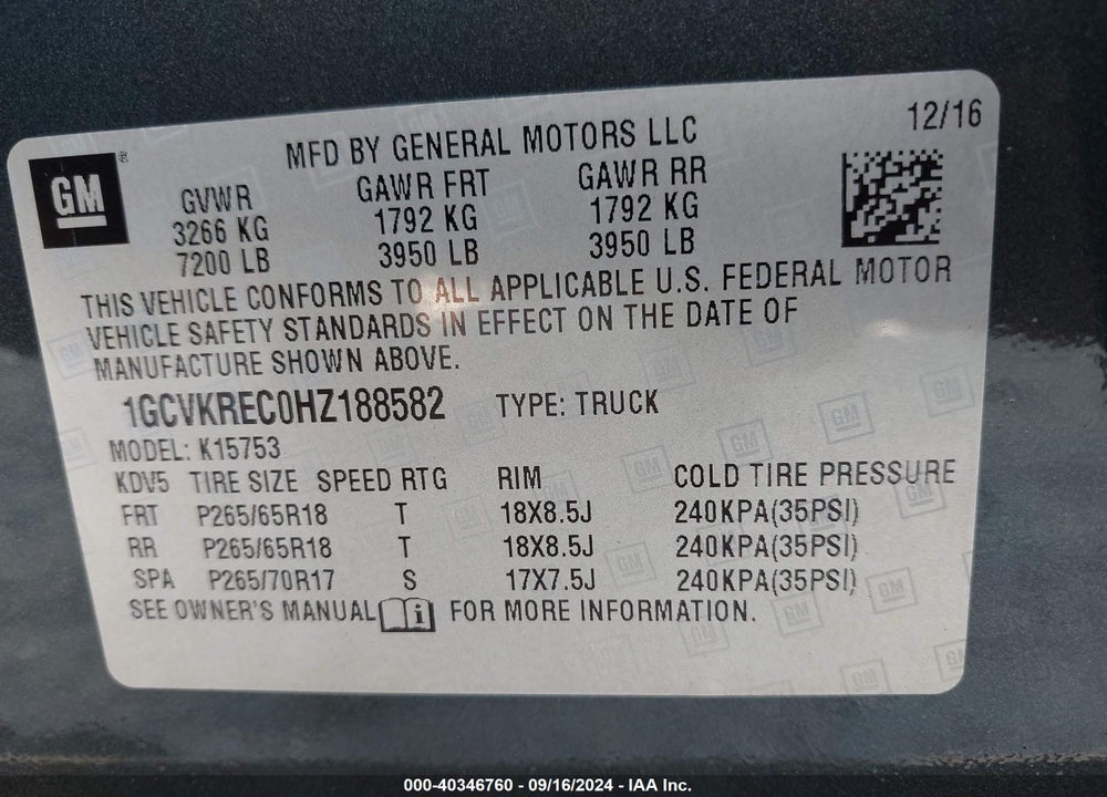 2017 CHEVROLET SILVERADO 1500 1LT VIN: 1GCVKREC0HZ188582