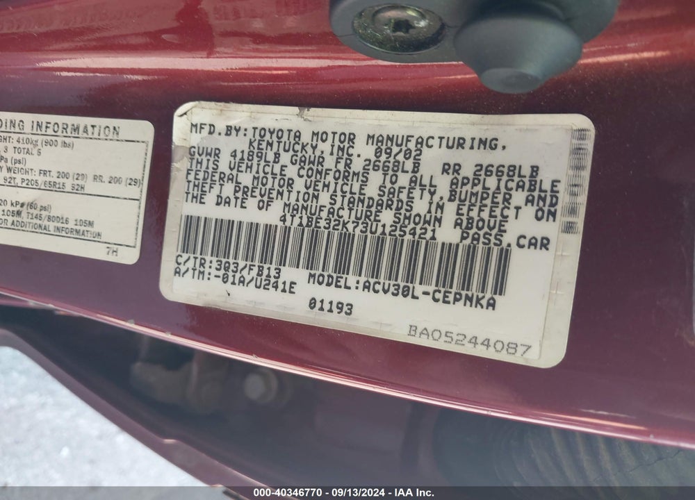 2003 TOYOTA CAMRY LE VIN: 4T1BE32K73U125421