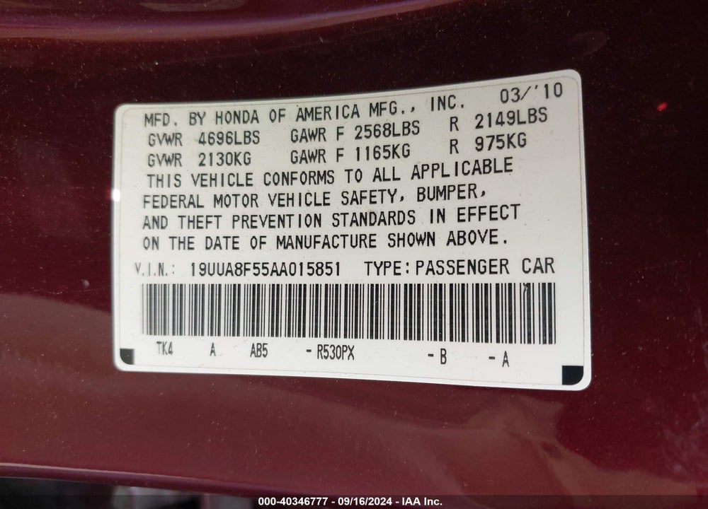 2010 ACURA TL 3.5 VIN: 19UUA8F55AA015851