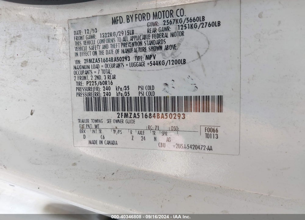 2004 FORD FREESTAR SE VIN: 2FMZA51684BA50293