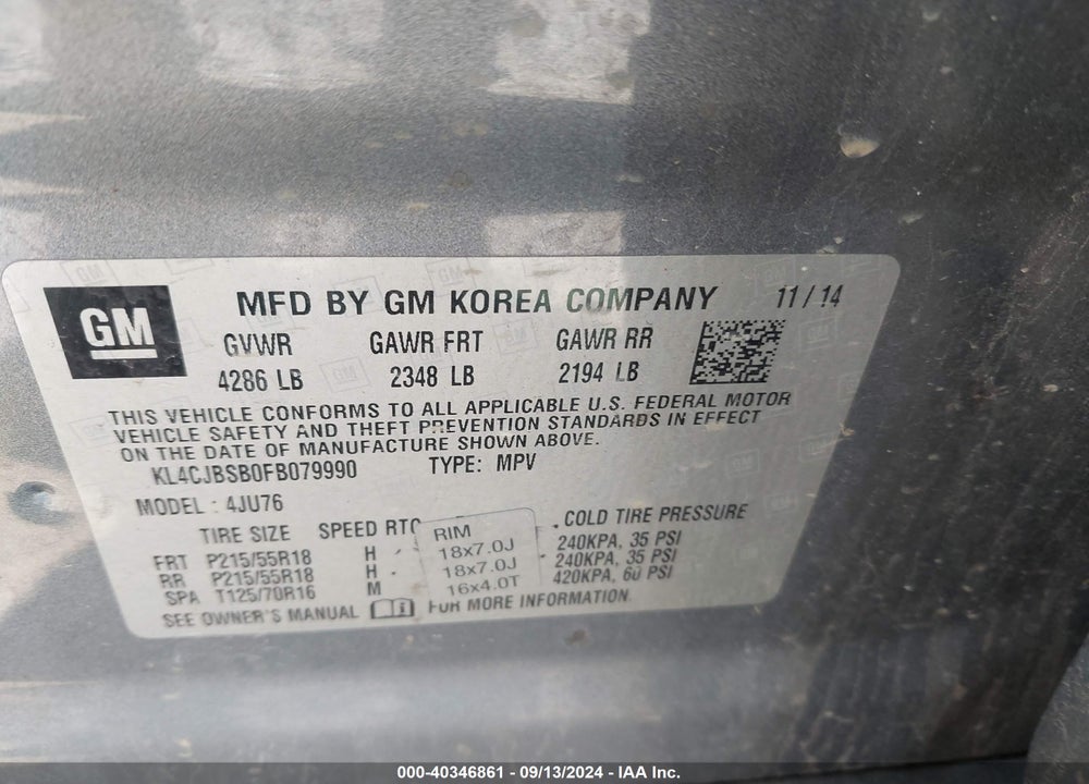 2015 BUICK ENCORE CONVENIENCE VIN: KL4CJBSB0FB079990