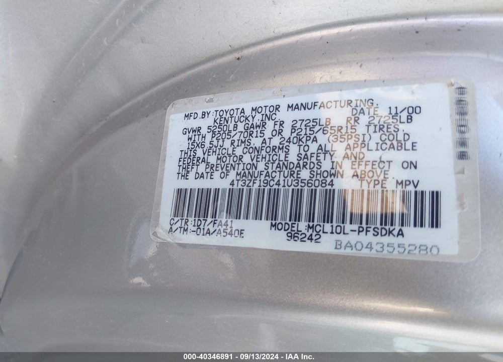 2001 TOYOTA SIENNA CE VIN: 4T3ZF19C41U356084