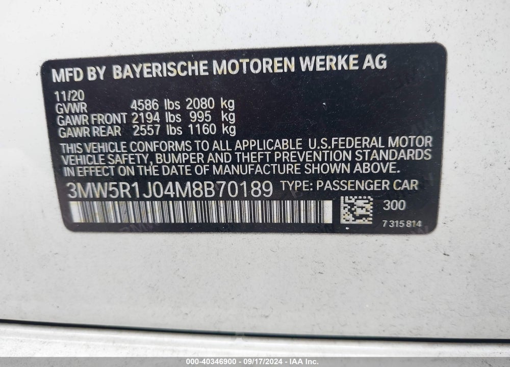 2021 BMW 330I VIN: 3MW5R1J04M8B70189