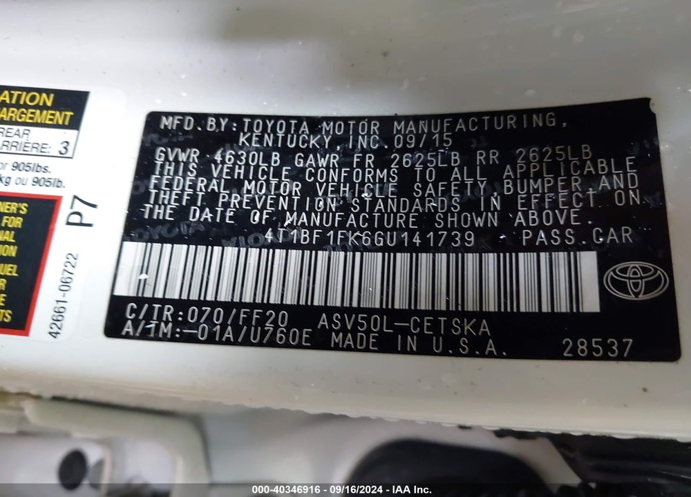 2016 TOYOTA CAMRY SE VIN: 4T1BF1FK6GU141739
