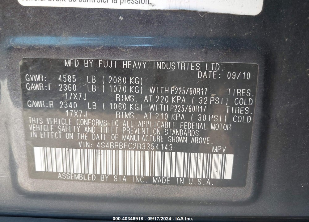 2011 SUBARU OUTBACK 2.5I PREMIUM VIN: 4S4BRBFC2B3354143