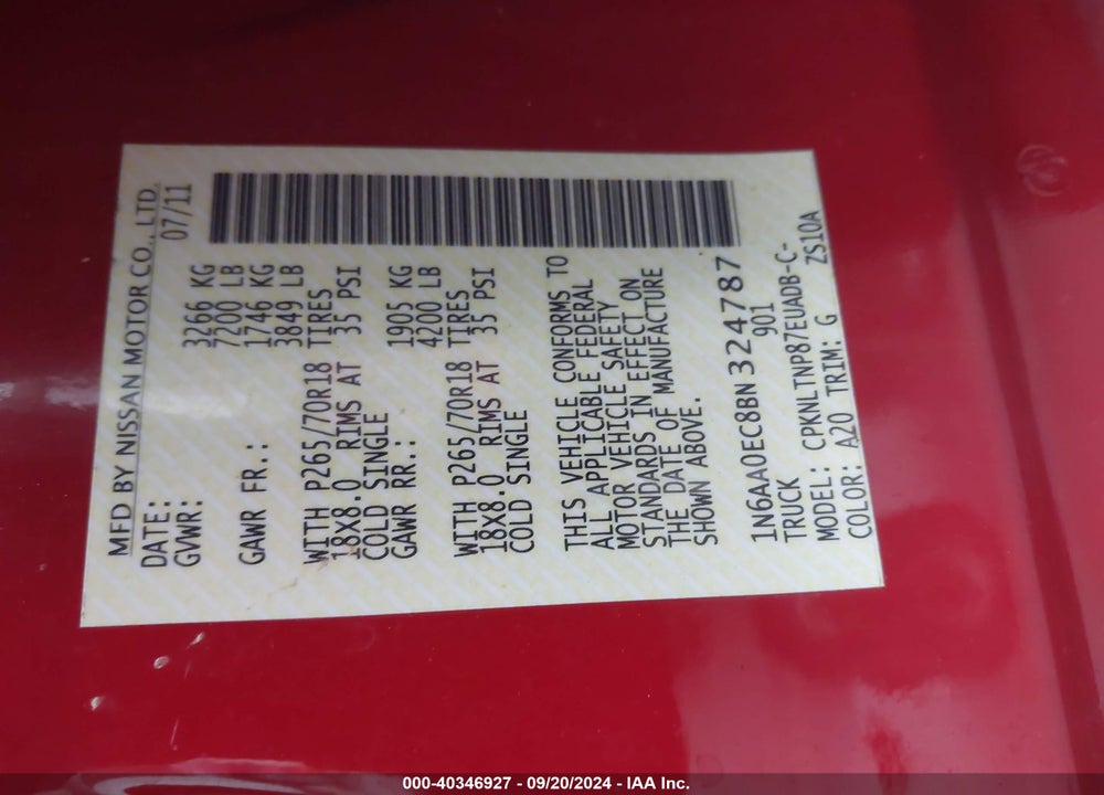 2011 NISSAN TITAN SV VIN: 1N6AA0EC8BN324787