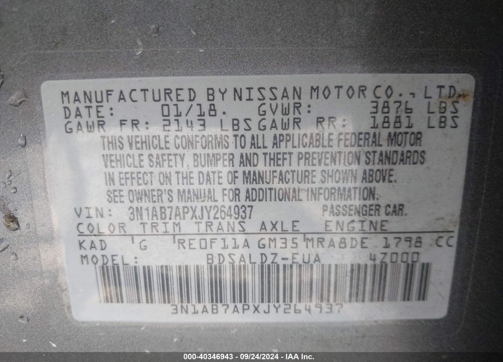 2018 NISSAN SENTRA SV VIN: 3N1AB7APXJY264937