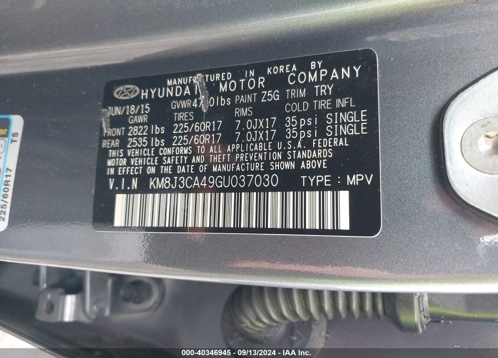 2016 HYUNDAI TUCSON SE VIN: KM8J3CA49GU037030