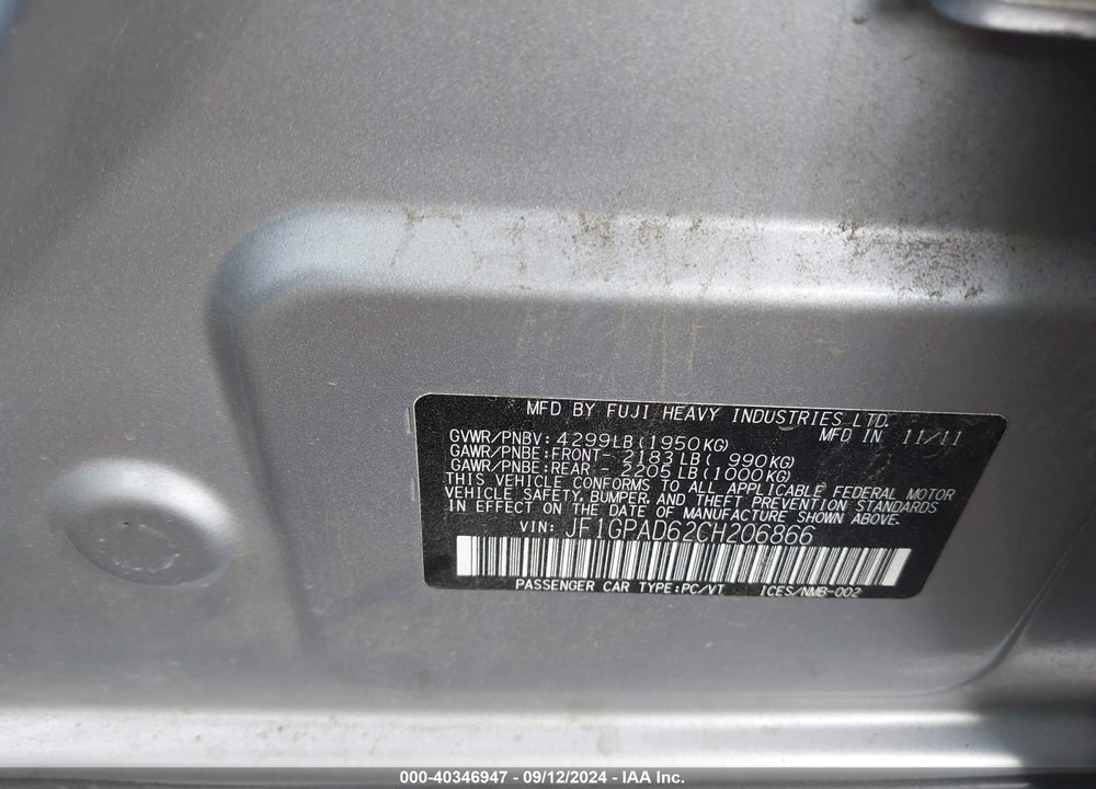2012 SUBARU IMPREZA 2.0I PREMIUM VIN: JF1GPAD62CH206866