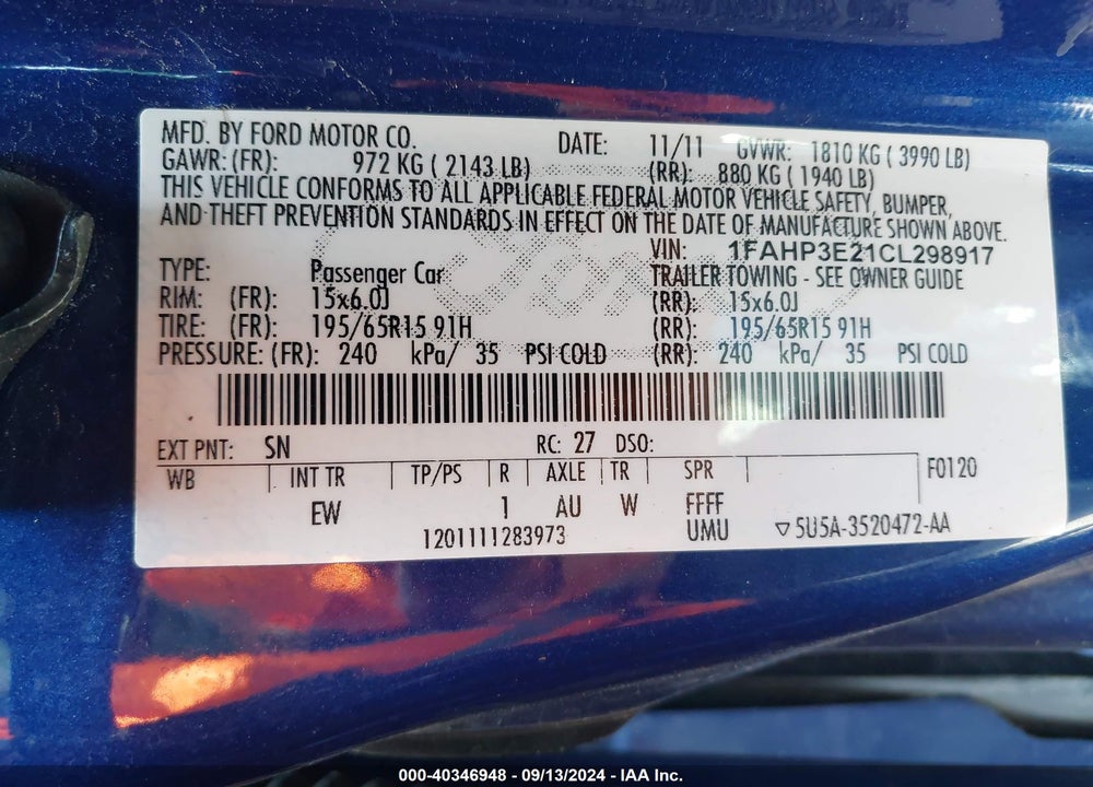 2012 FORD FOCUS S VIN: 1FAHP3E21CL298917