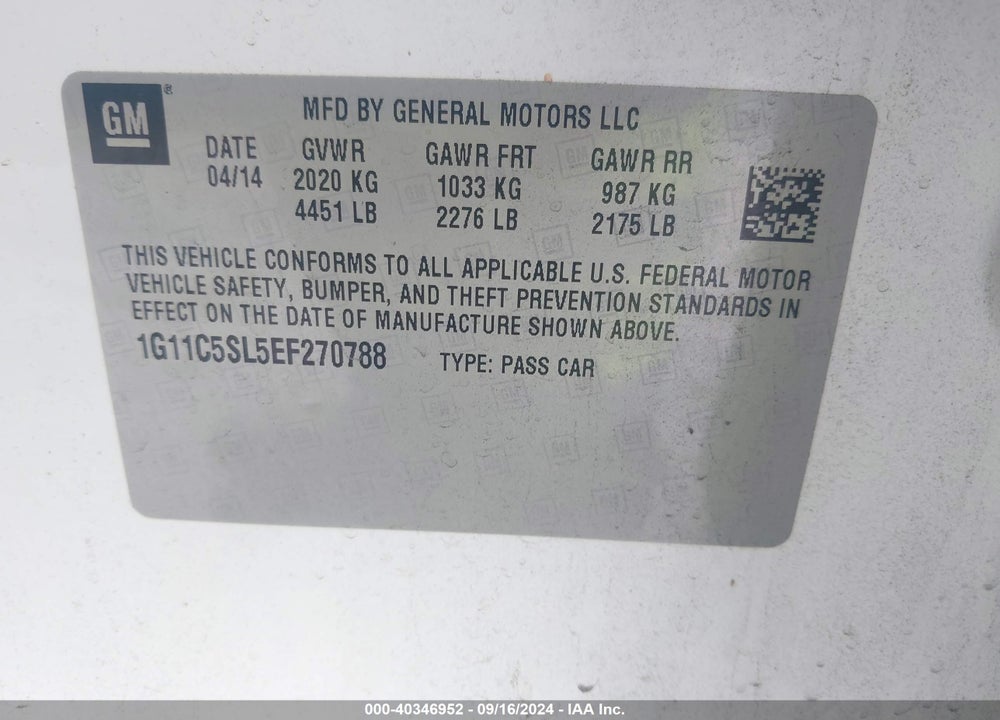 2014 CHEVROLET MALIBU 1LT VIN: 1G11C5SL5EF270788