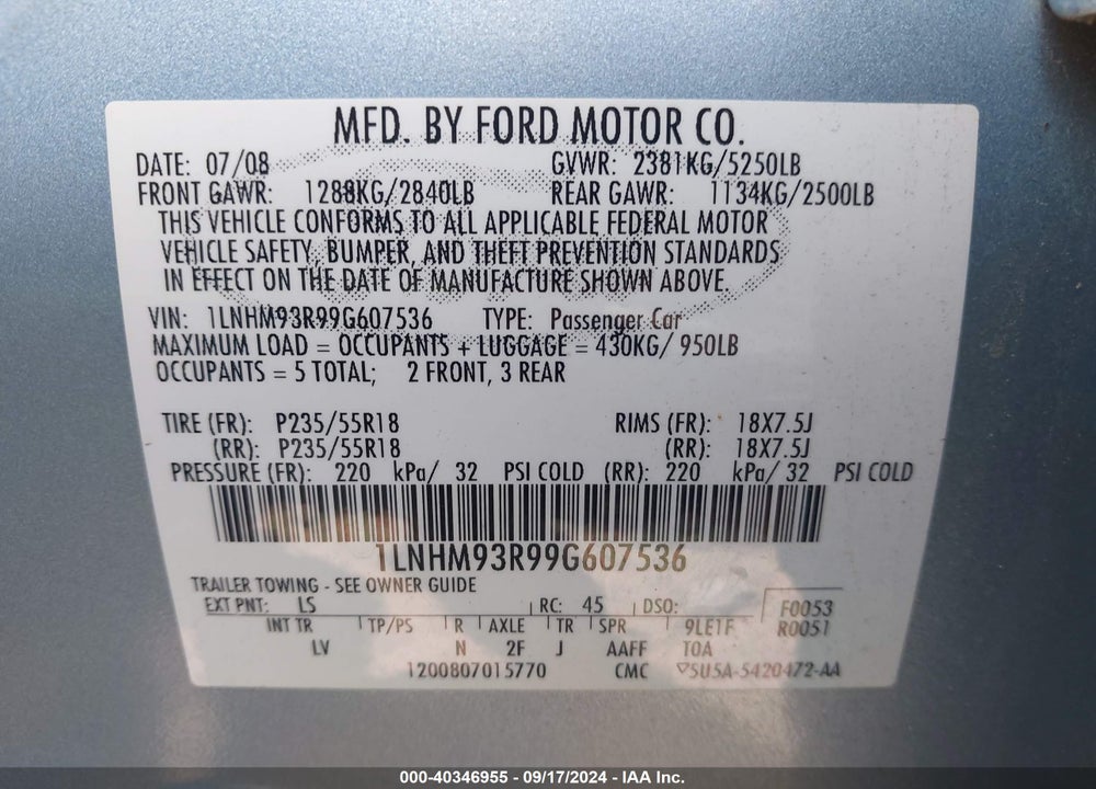 2009 LINCOLN MKS VIN: 1LNHM93R99G607536