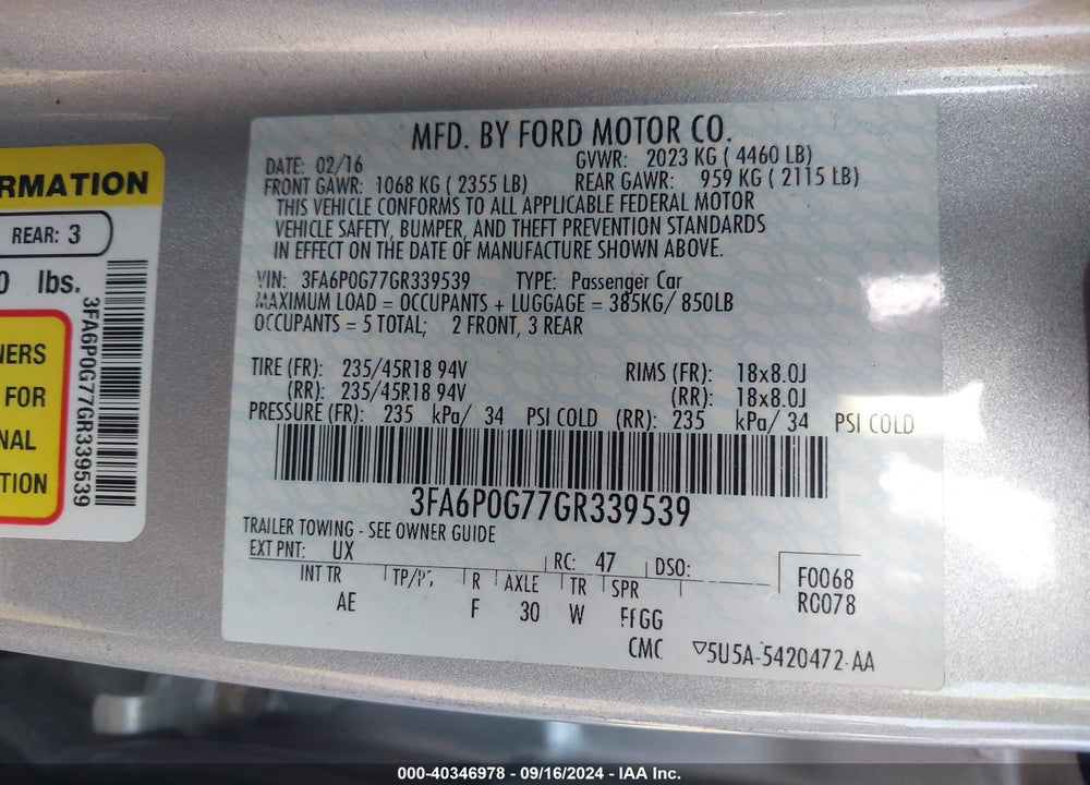 2016 FORD FUSION S VIN: 3FA6P0G77GR339539