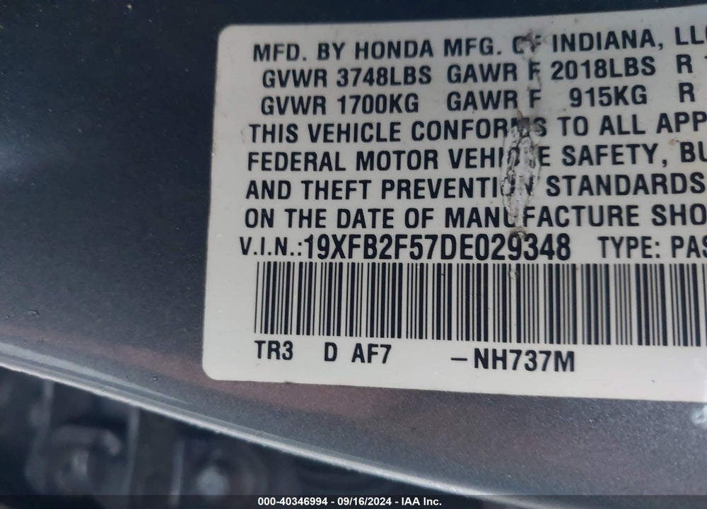 2013 HONDA CIVIC LX VIN: 19XFB2F57DE029348