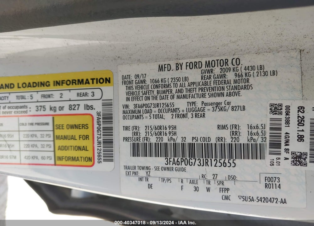 2018 FORD FUSION S VIN: 3FA6P0G73JR125655