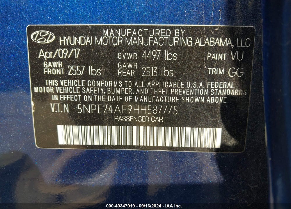2017 HYUNDAI SONATA VIN: 5NPE24AF9HH587775