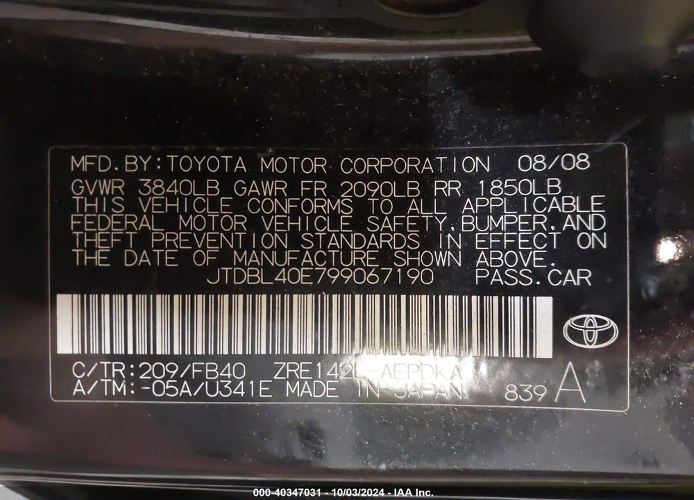 2009 TOYOTA COROLLA VIN: JTDBL40E799067190