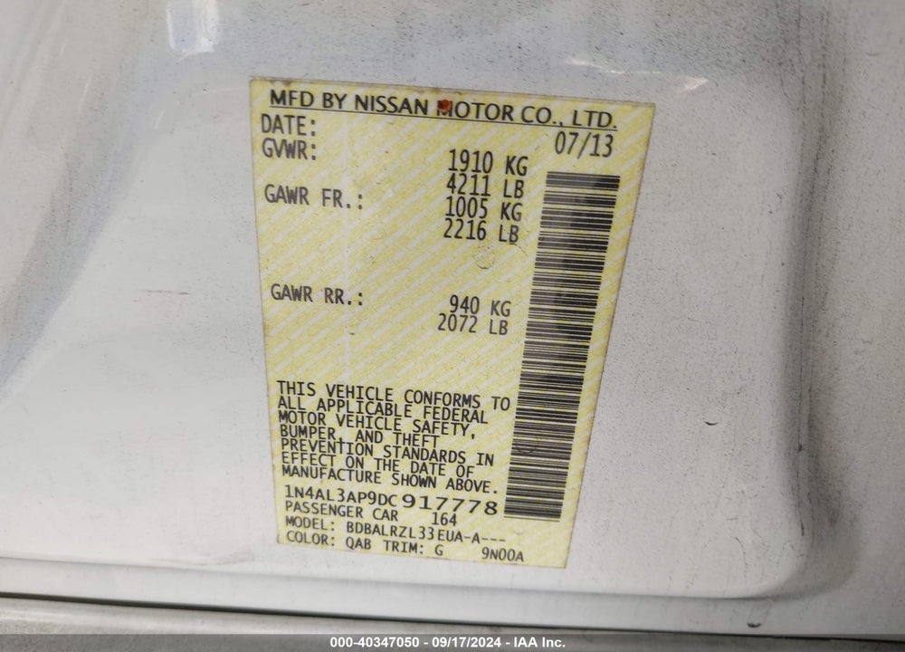 2013 NISSAN ALTIMA 2.5 S VIN: 1N4AL3AP9DC917778