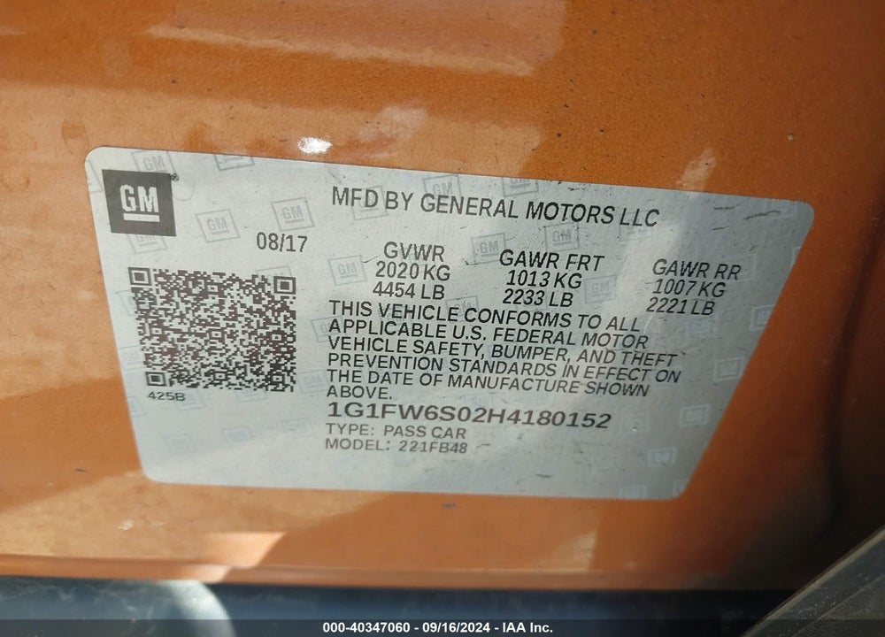 2017 CHEVROLET BOLT EV LT VIN: 1G1FW6S02H4180152