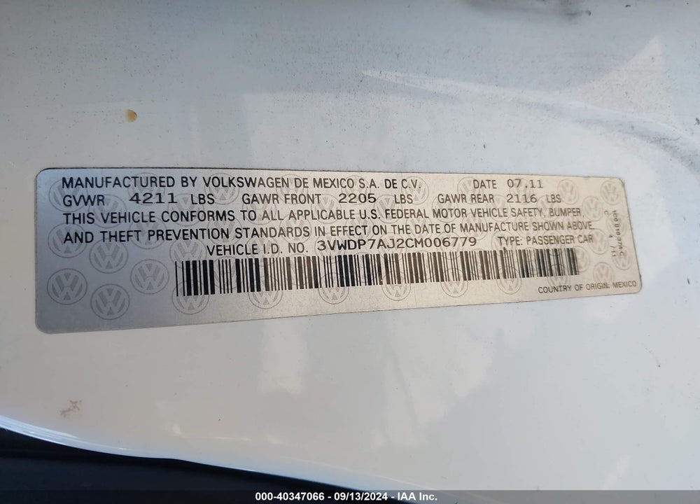 2012 VOLKSWAGEN JETTA 2.5L SE VIN: 3VWDP7AJ2CM006779
