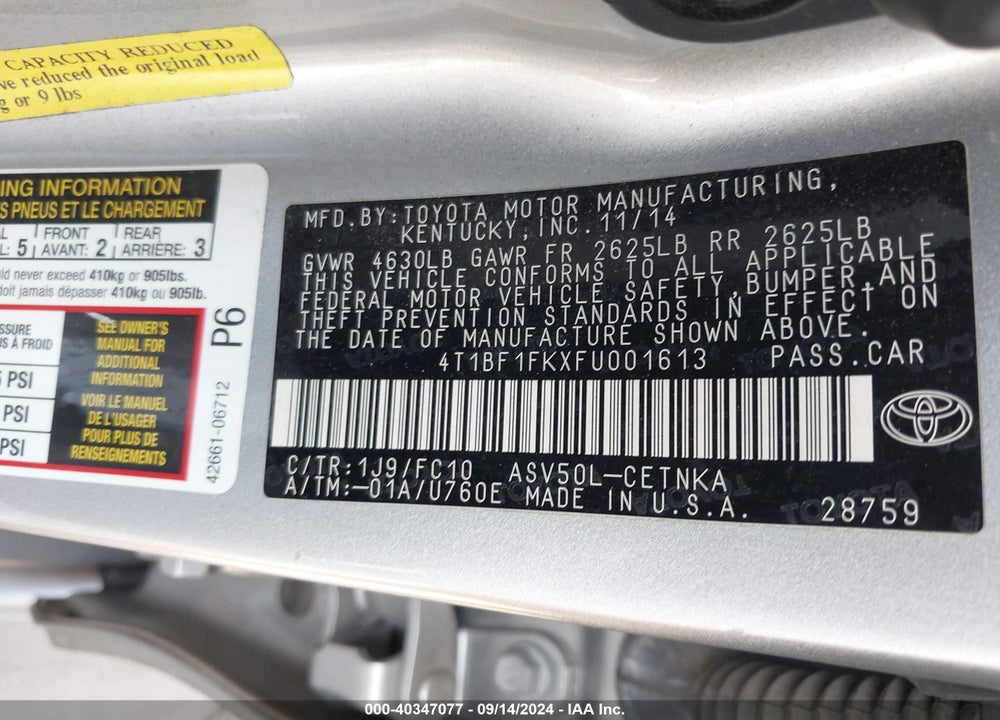 2015 TOYOTA CAMRY LE VIN: 4T1BF1FKXFU001613