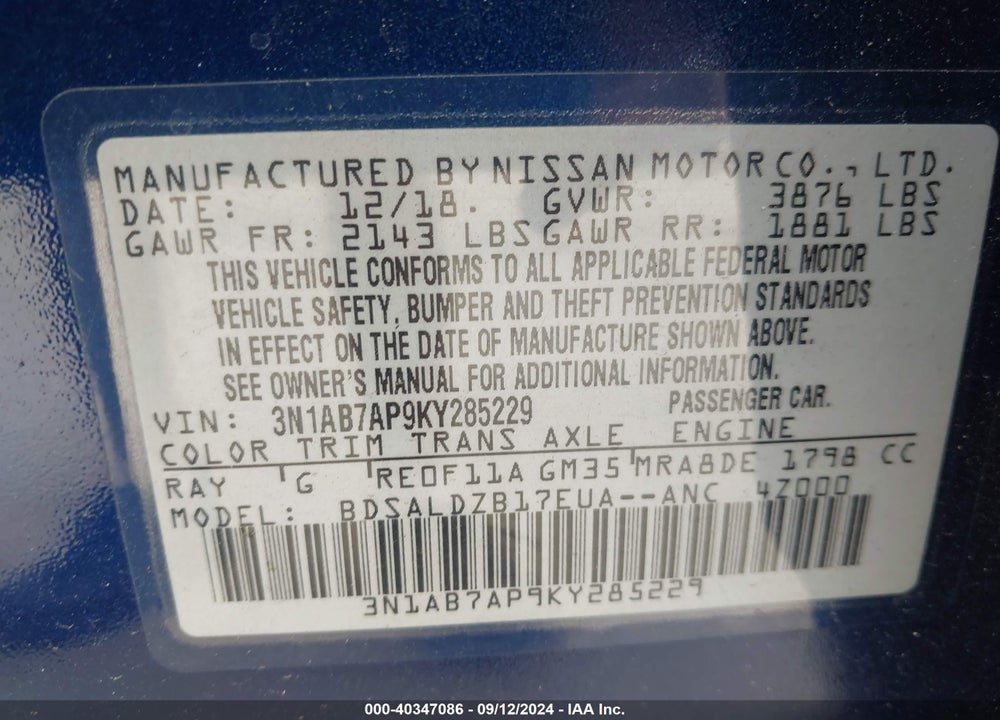 2019 NISSAN SENTRA SV VIN: 3N1AB7AP9KY285229