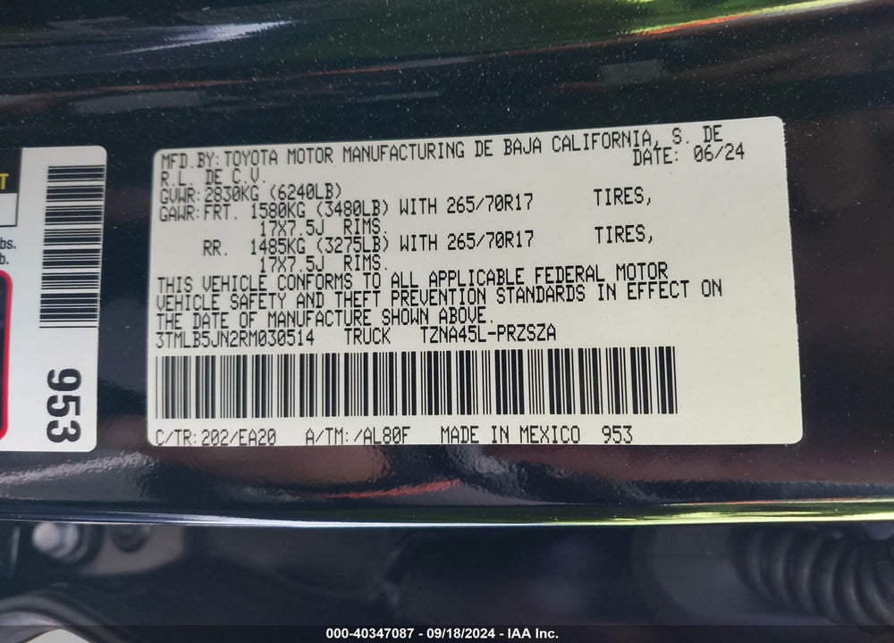 2024 TOYOTA TACOMA TRD OFF ROAD VIN: 3TMLB5JN2RM030514