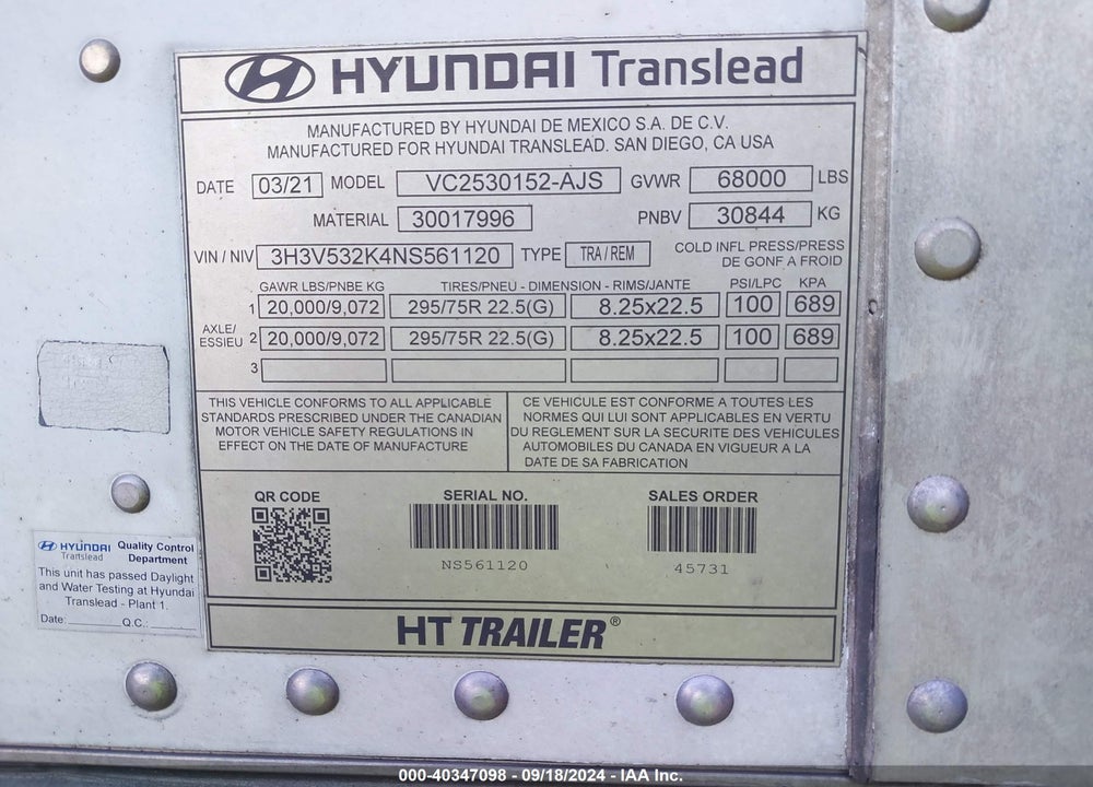 2022 HYUNDAI TRANSLEAD INC --- VIN: 3H3V532K4NS561120